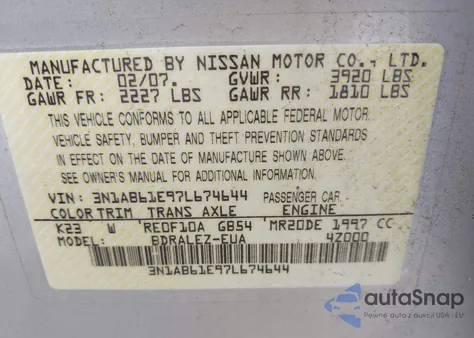 2007 Nissan Sentra 2.0S из США, поврежденный, VIN 3N1AB61E97L674644